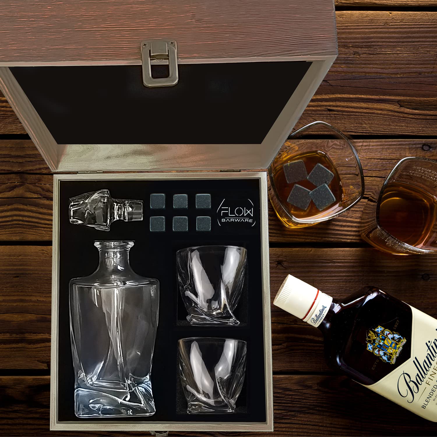 FLOW Barware Twist Whiskey Decanter Set - 2 Glasses & 6 Granite Stones