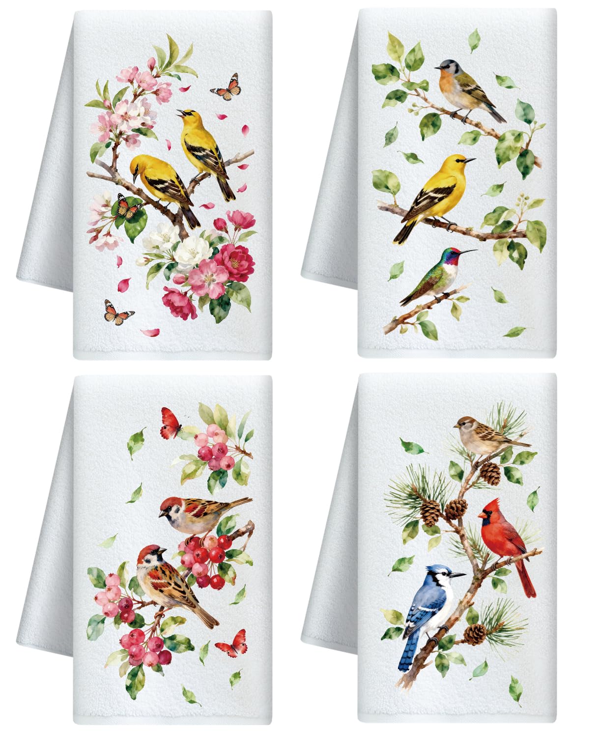 CUTHOLLOW Bird and Flower Microfiber Kitchen Towels – Set of 4 Dish Towels