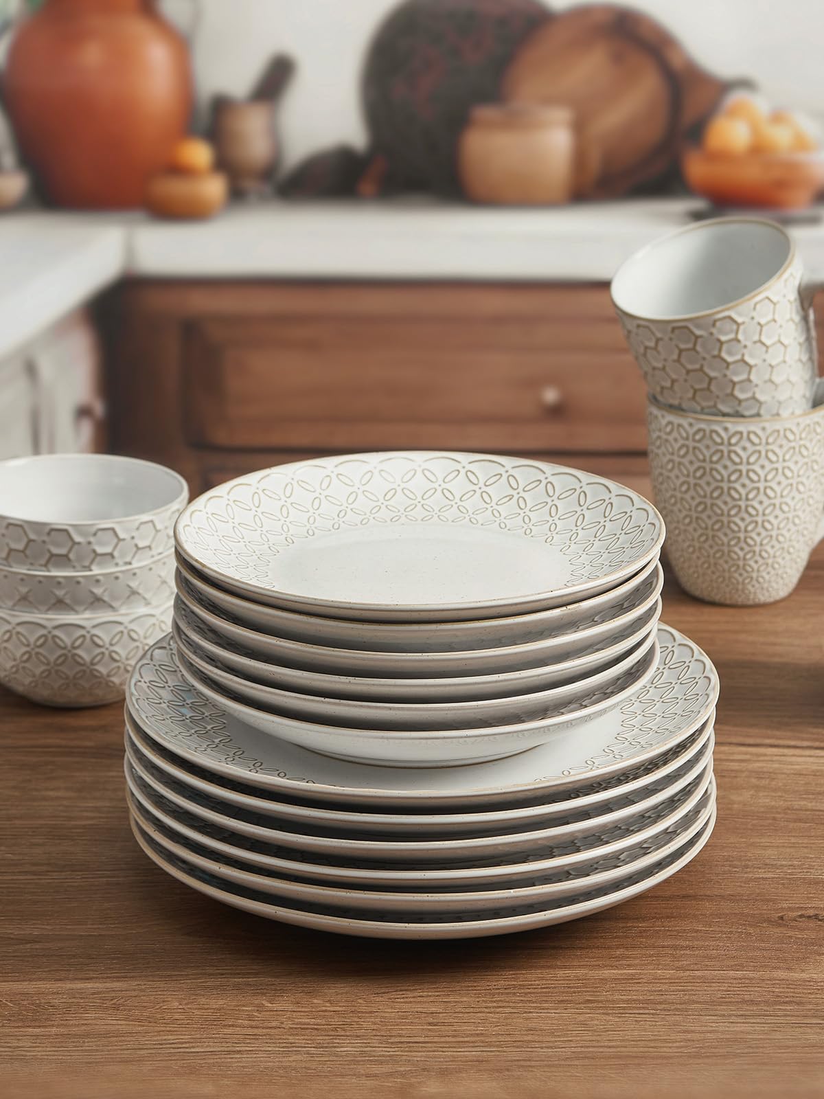 DOWAN 8.5" Porcelain Dinner Plates Set of 6 | Embossed Vintage Salad Plates