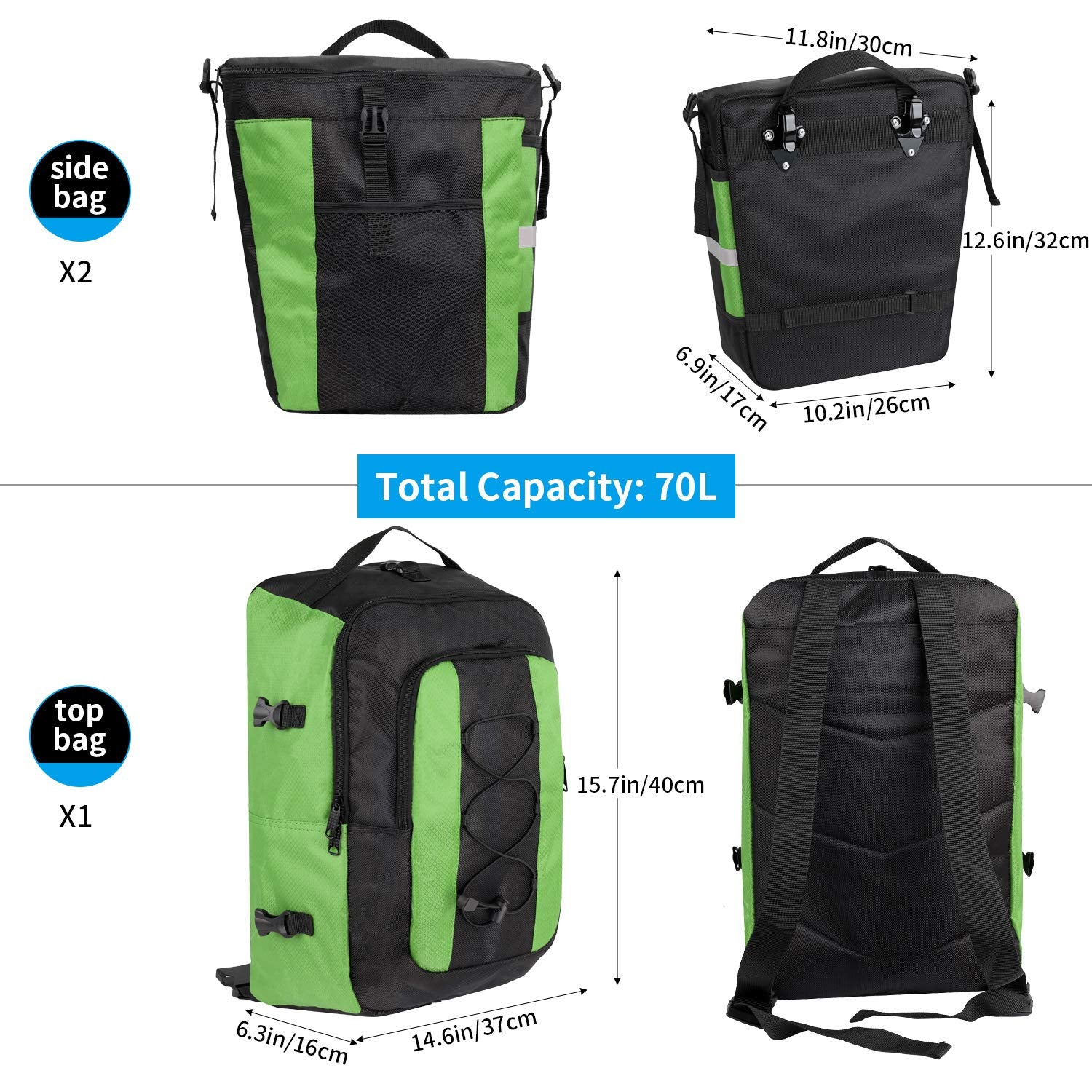 PELLOR 70L Waterproof 3-in-1 MTB Bicycle Pannier Bag with Rain Cover