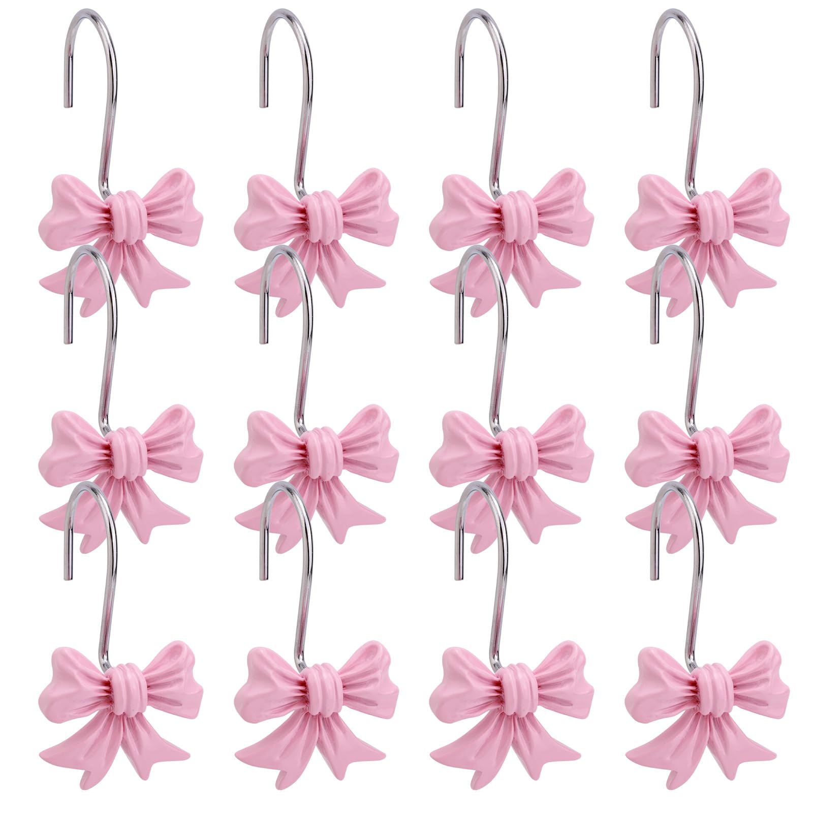 Jolof Store 12pcs Pink Bow Shower Curtain Hooks | Resin & Metal Hangers