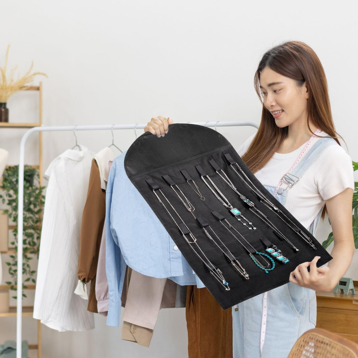 Flexzion Hanging Jewelry Organizer – 1 Pack Black 32 Clear Pockets & 18 Hooks & Loops