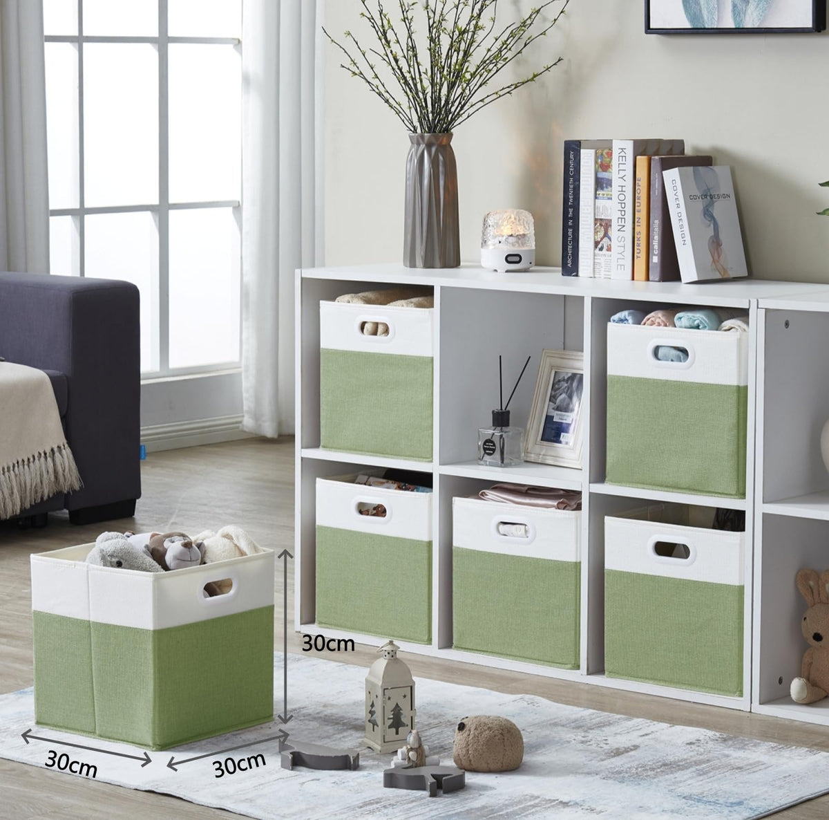 SOCOHOME Fabric Cube Storage Boxes,30x30x30cm Foldable Storage Baskets for Shelf Nursery ClosetGreen/White, Set of 4