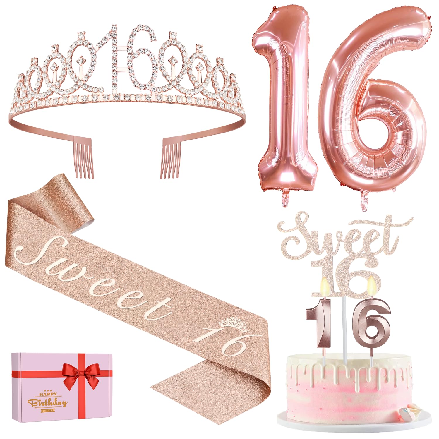 Sweet 16 Birthday Decorations Kit | Rose Gold Sash & Tiara
