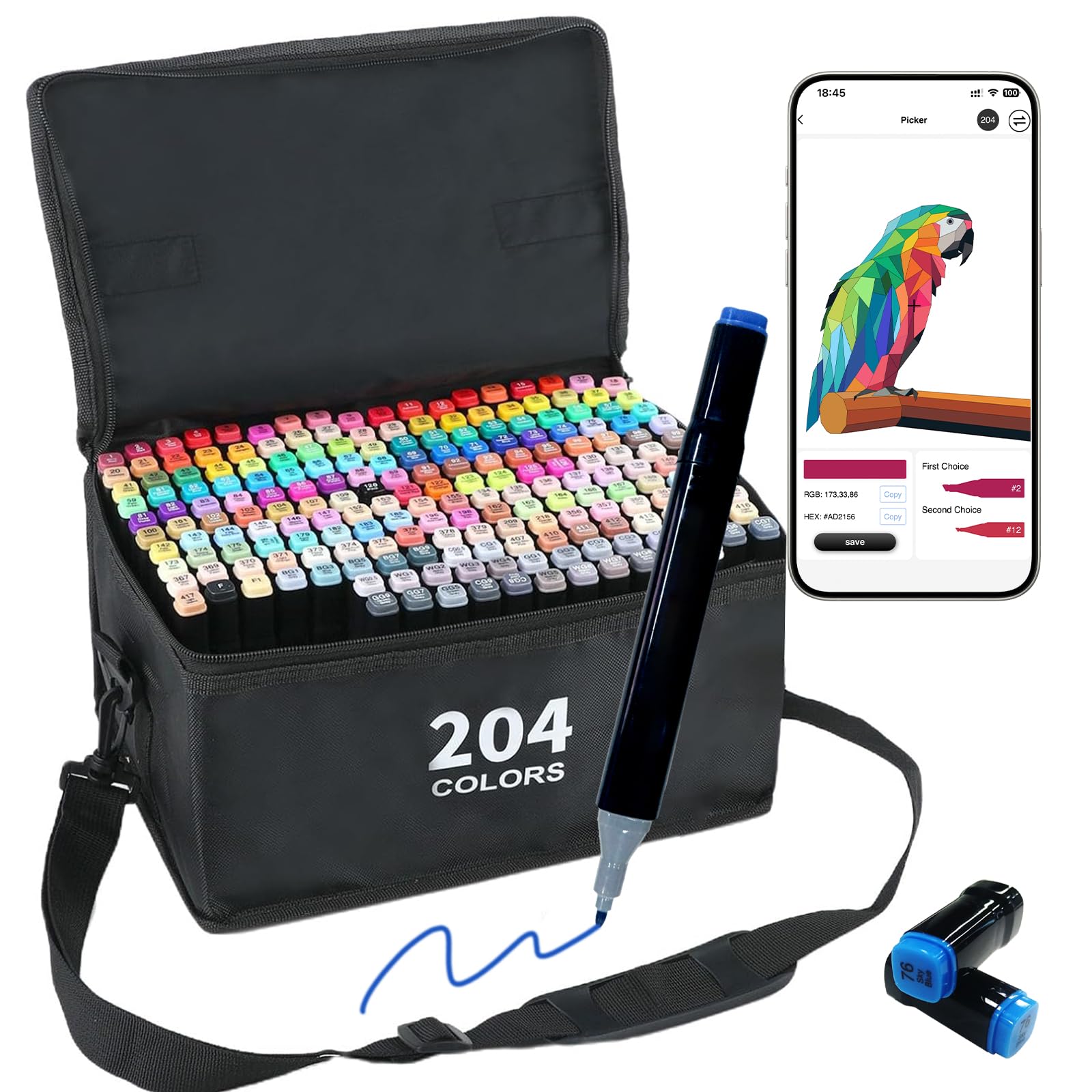 Vokiuler 204 Color Alcohol Art Markers Set | Dual Tip Pens with App