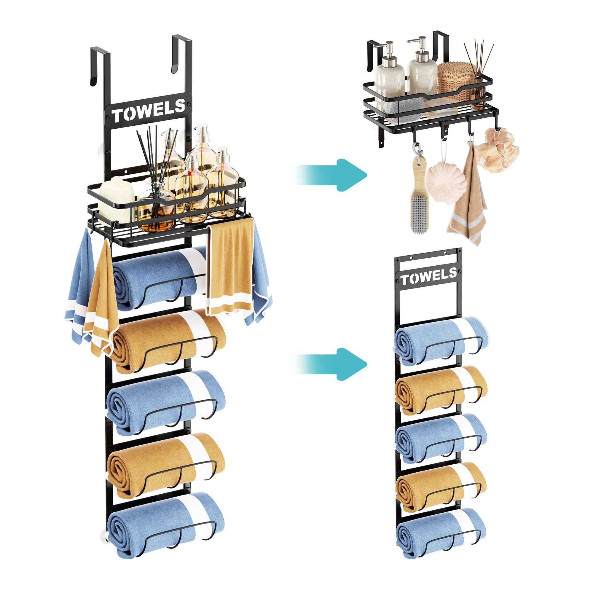 6-Tier Over the Door Towel Rack – Black Metal Wall Holder