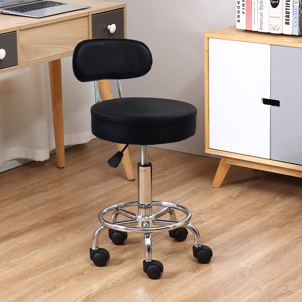 KKTONER PU Leather Rolling Stool – Adjustable Swivel Task Chair with Backrest