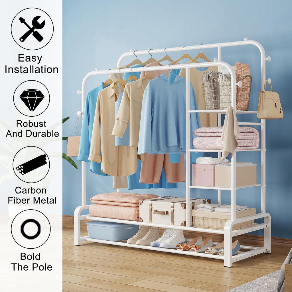 SMILOVII Heavy Duty Double Rail Clothes Rack – Metal Wardrobe with Shelves