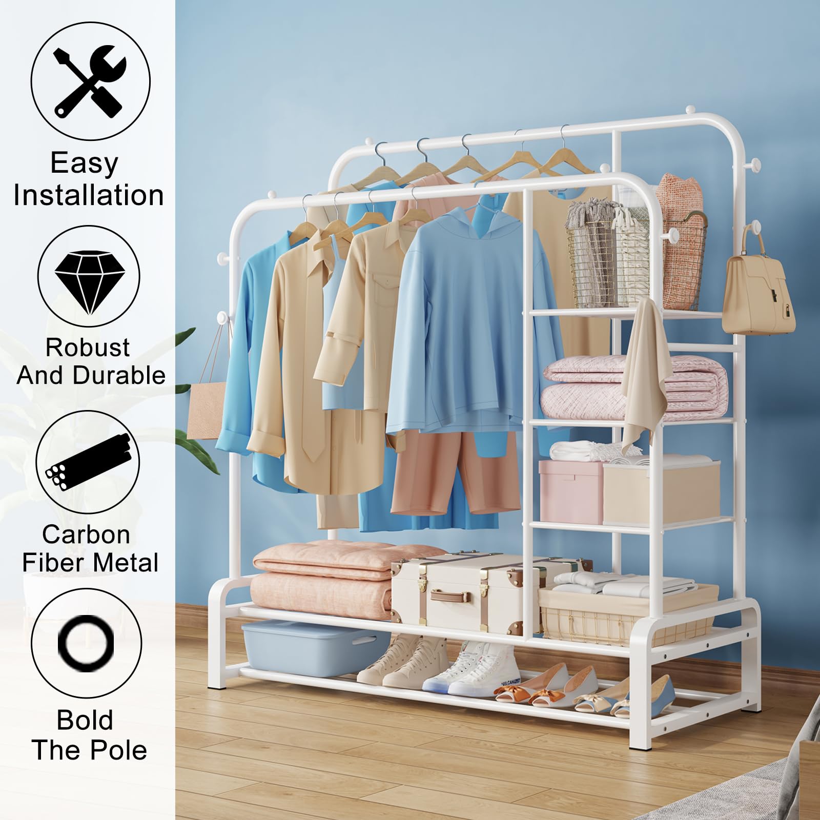 SMILOVII Heavy Duty Double Rail Clothes Rack – Metal Wardrobe with Shelves