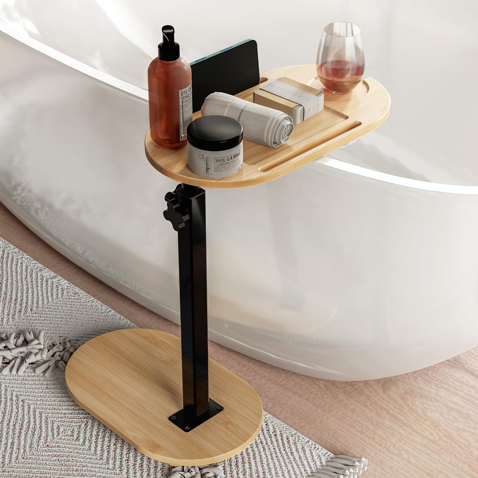 Yumkfoi Bamboo Bathtub Tray Table | Adjustable Freestanding Bath Caddy