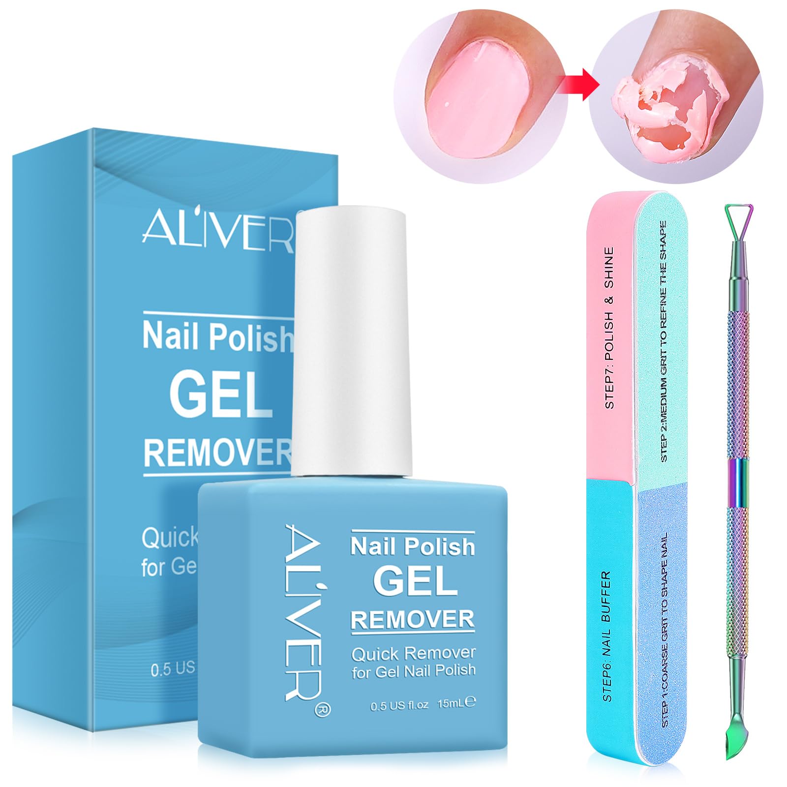 Aliver Gel Nail Polish Remover Kit with Cuticle Pusher and Nail File – 15ml