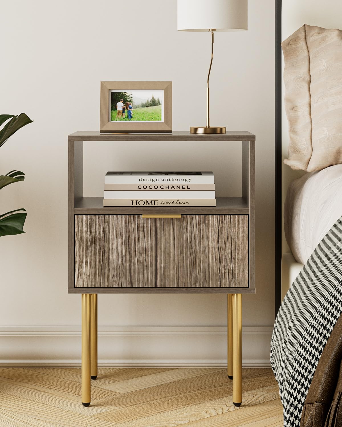 HEYZOEY Modern Boho Bedside Table – Wooden Nightstand with Drawer, Grey