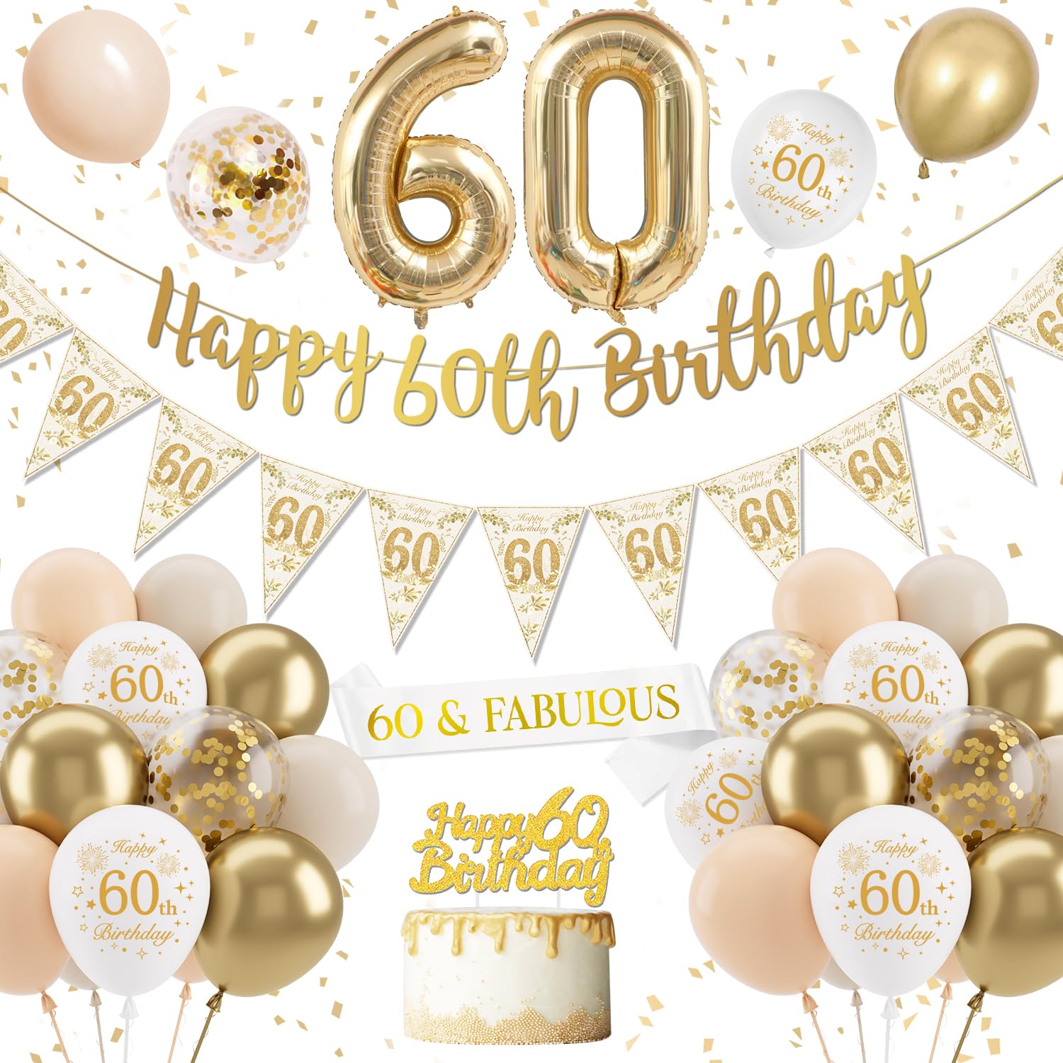 Jolof Store 60th Birthday Decorations Kit - White and Gold Party Set