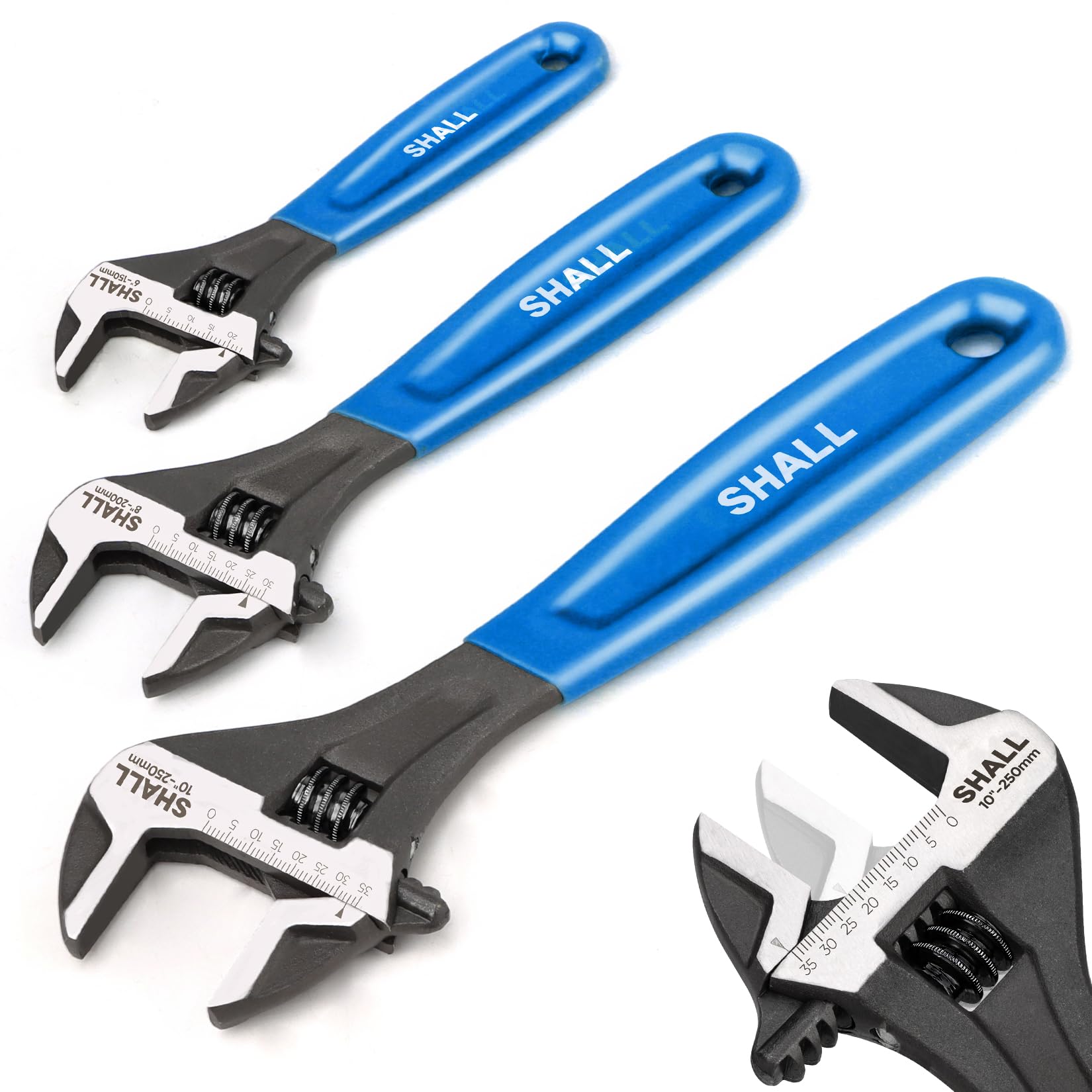 Shall 3-Piece Adjustable Wrench Set, 6/8/10 Inch Cr-V Steel with Grip