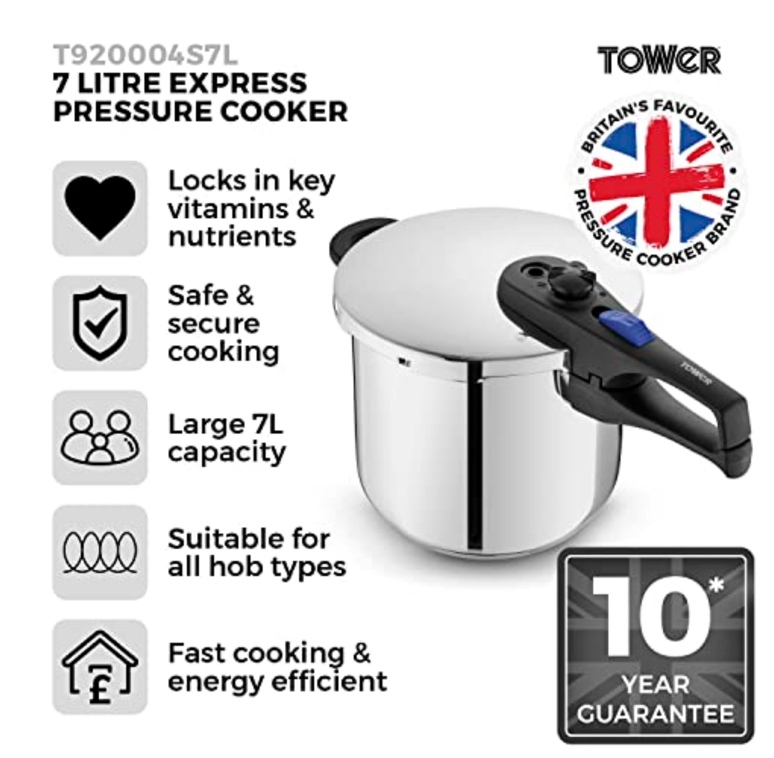 Tower T80244 6L Pressure Cooker with Steamer Basket | Stainless Steel
