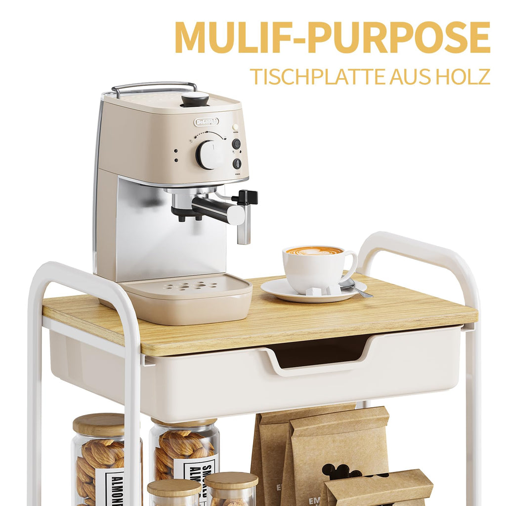 KINGRACK 3-Tier Rolling Utility Cart with Wooden Board and Drawer