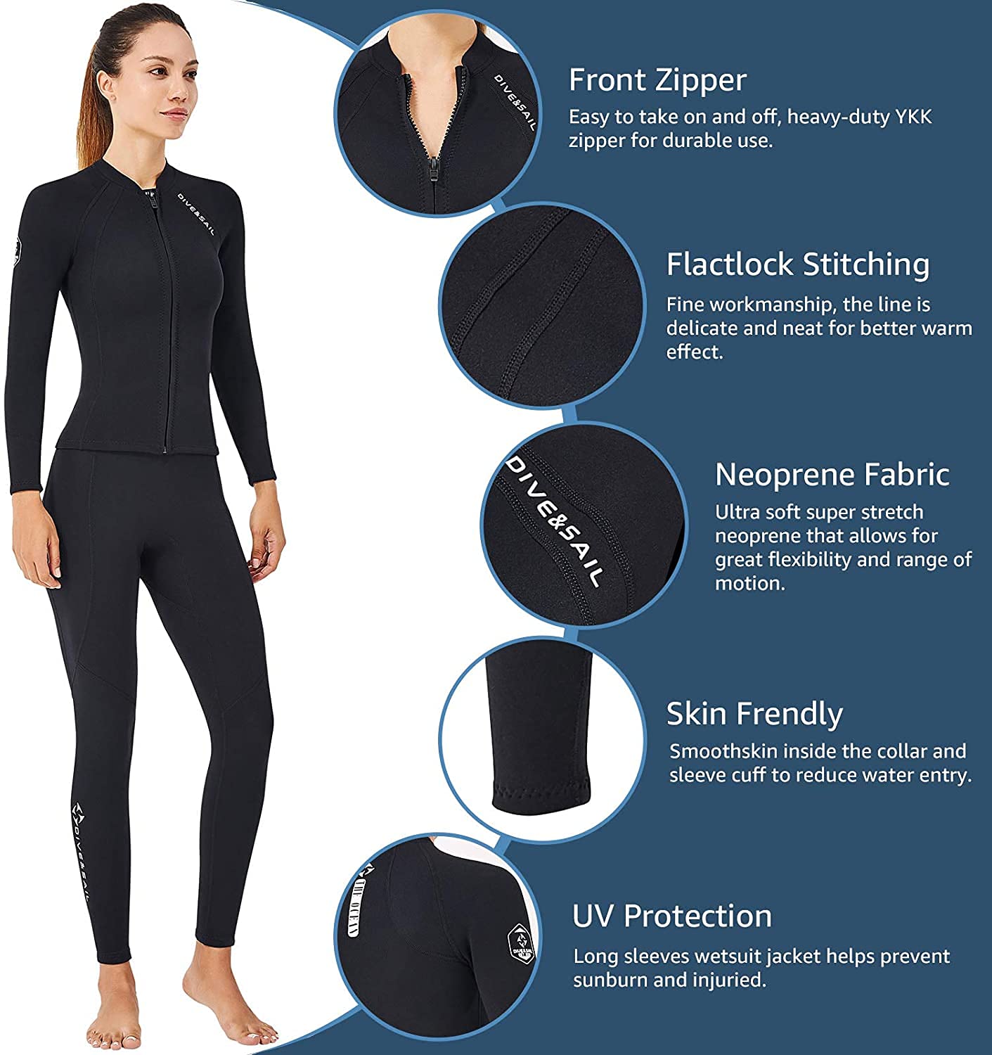 EUPTE 2mm Neoprene Wetsuit Jacket | Long Sleeve UV Protection Diving Top