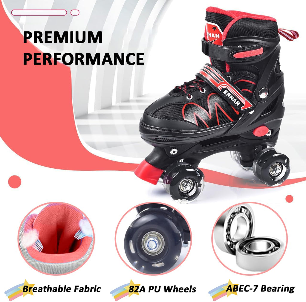 ERNAN Kids Roller Skates | 4 Size Adjustable Light Up Wheels - Red