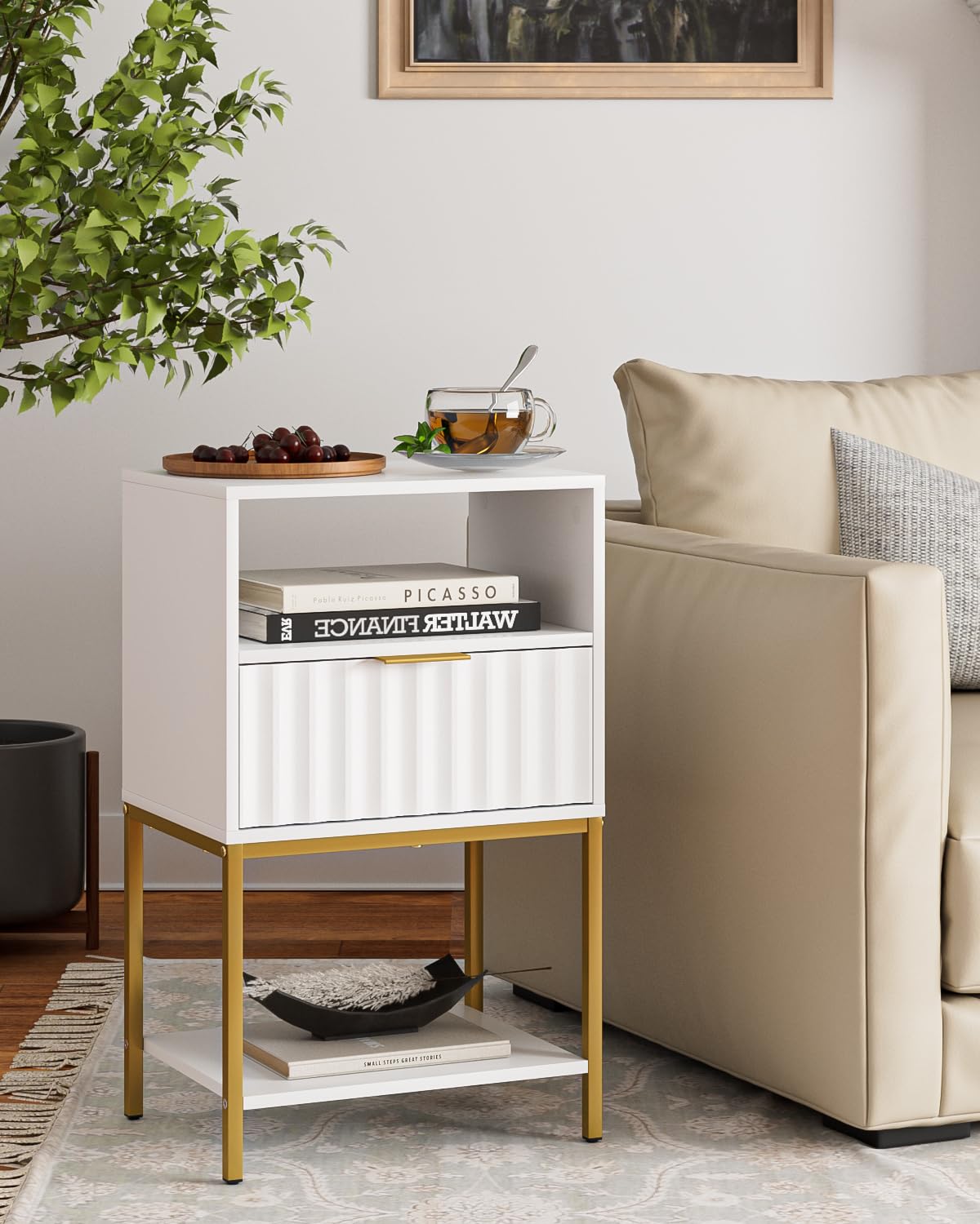 HEYZOEY White Fluted Nightstand – 3-Tier Bedside Table with Gold Frame