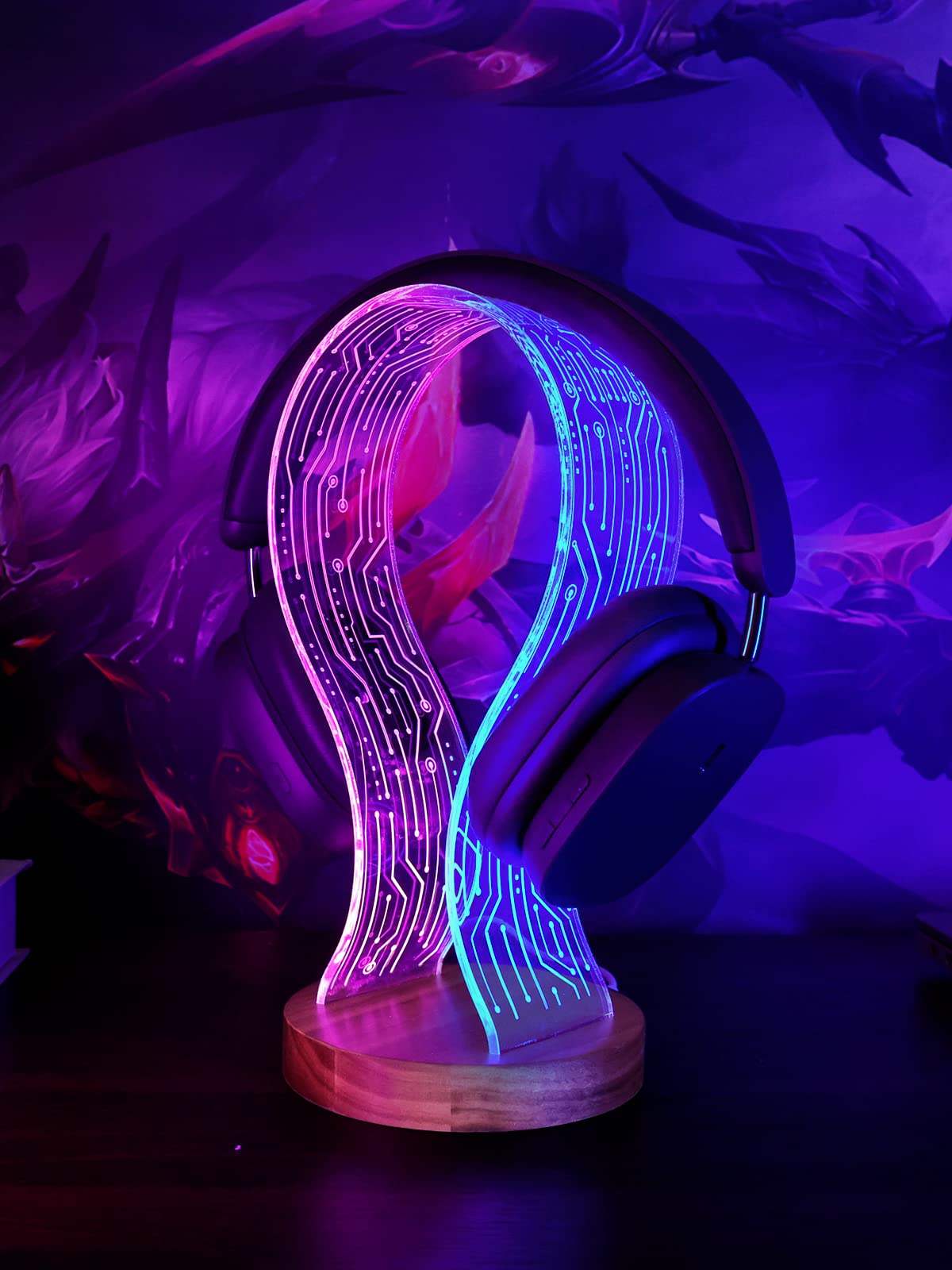 YuanDian Walnut Wood Headphone Stand with LED Night Light | Gaming Decor