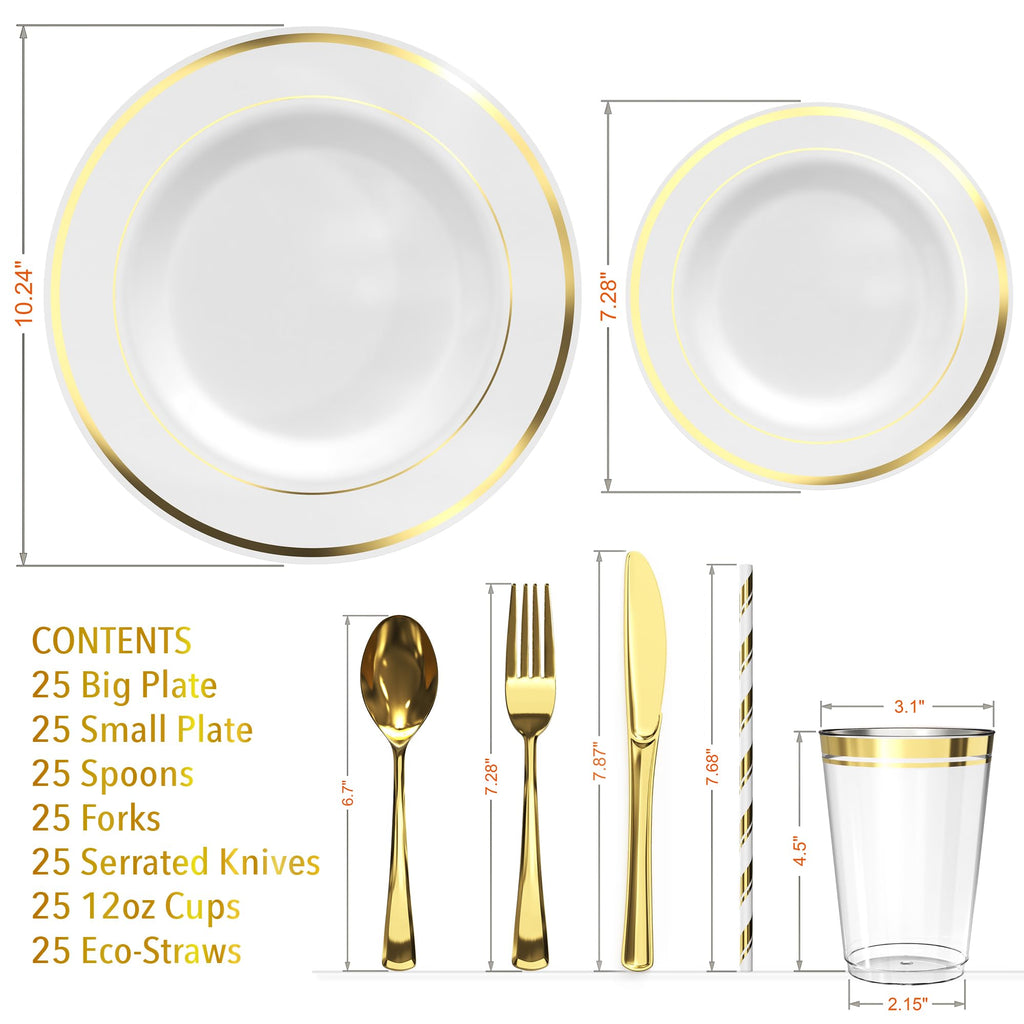 DLux 175-Piece Gold Plastic Dinnerware Set for 25 Guests | Wedding & Party
