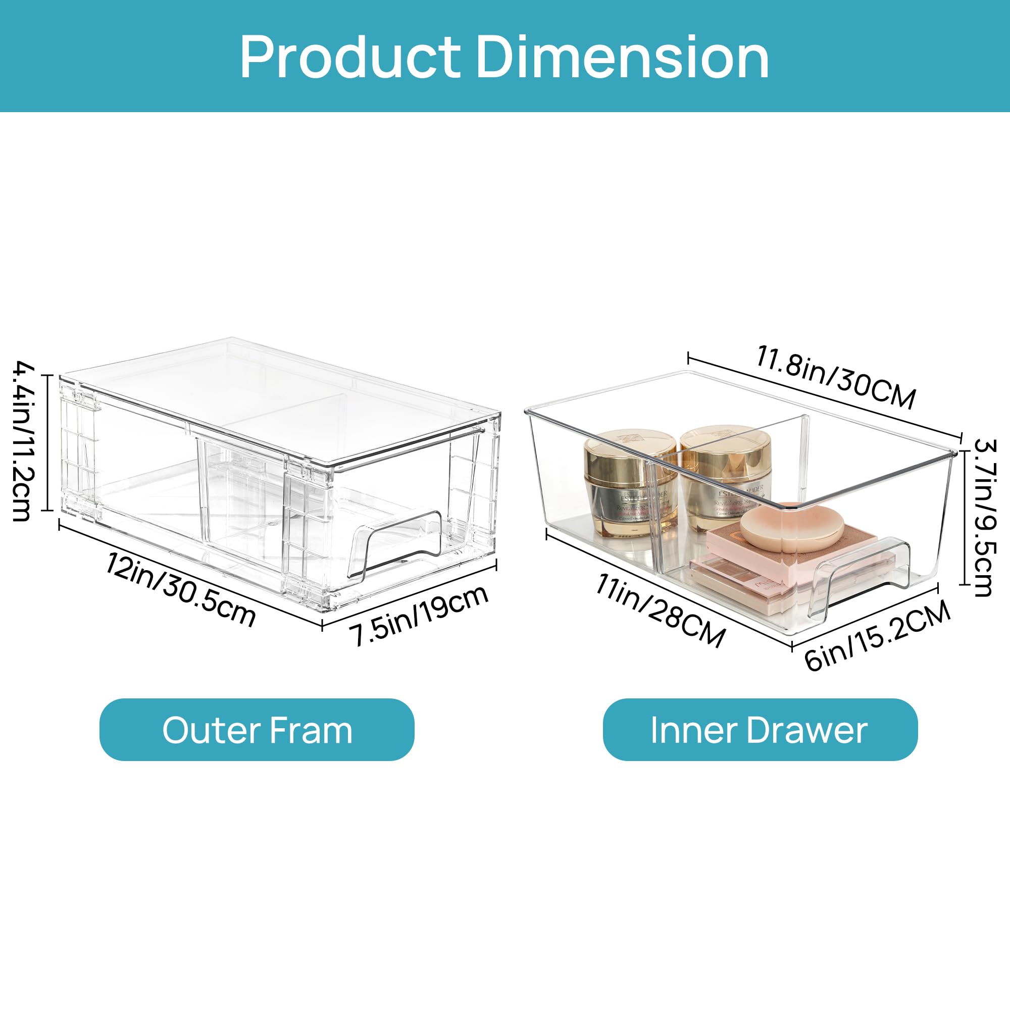Vtopmart 4 Pack Stackable Clear Acrylic Storage Drawers with Dividers