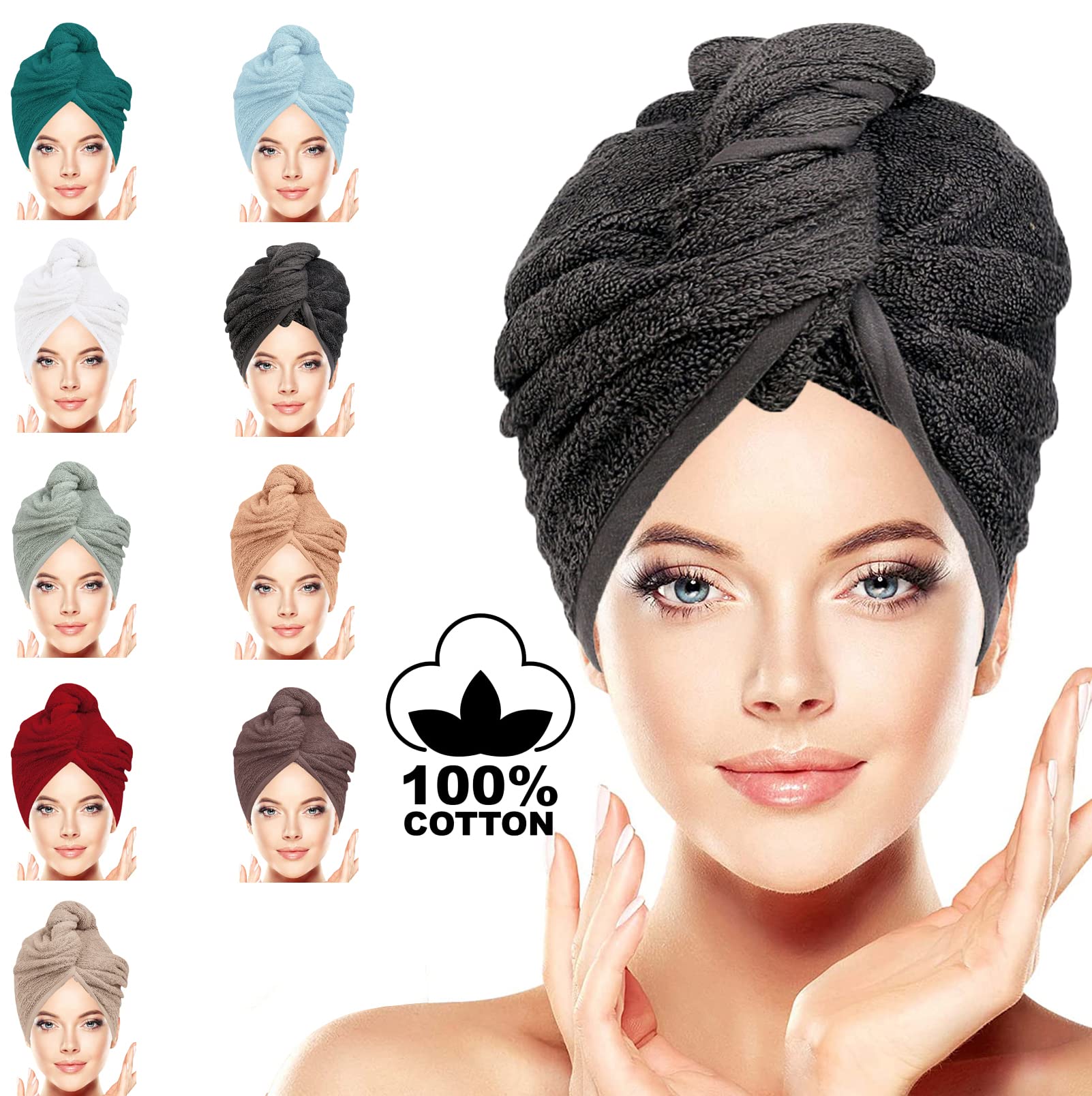 BAVIN LUXURY 100% Cotton Hair Towel Wrap – Quick Dry Turban Cap (2 Pack)