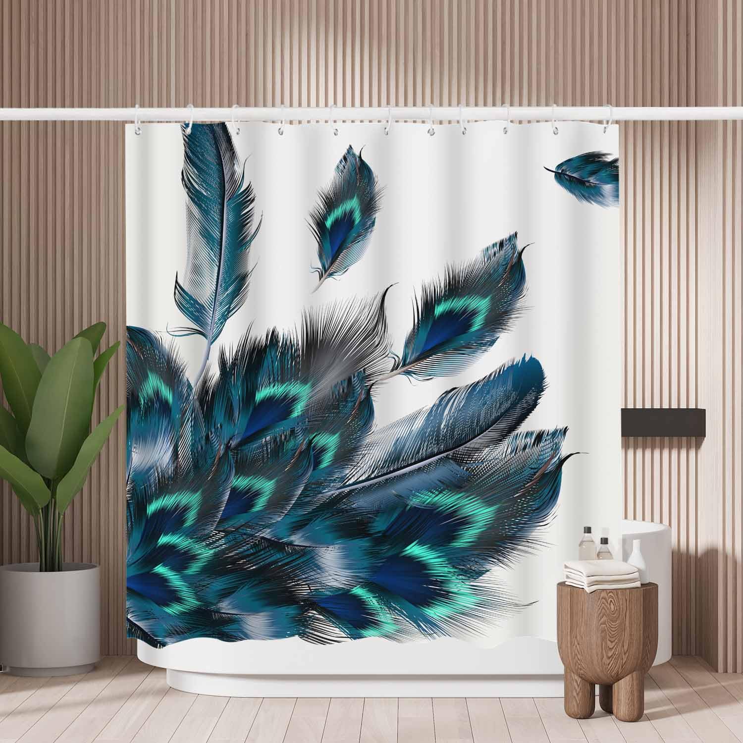 Woutay Emerald Peacock Feather Shower Curtain | Mold Resistant Polyester