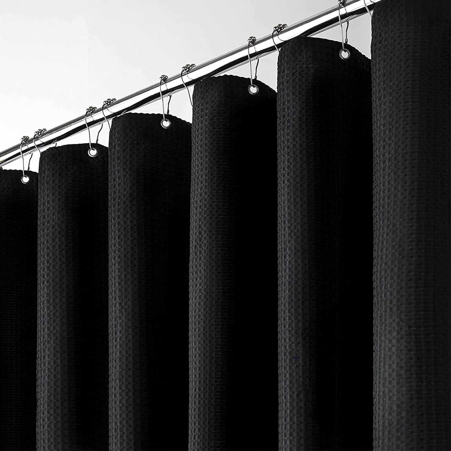 Yofori Black Waffle Fabric Shower Curtain Set with Hooks | 183x183cm