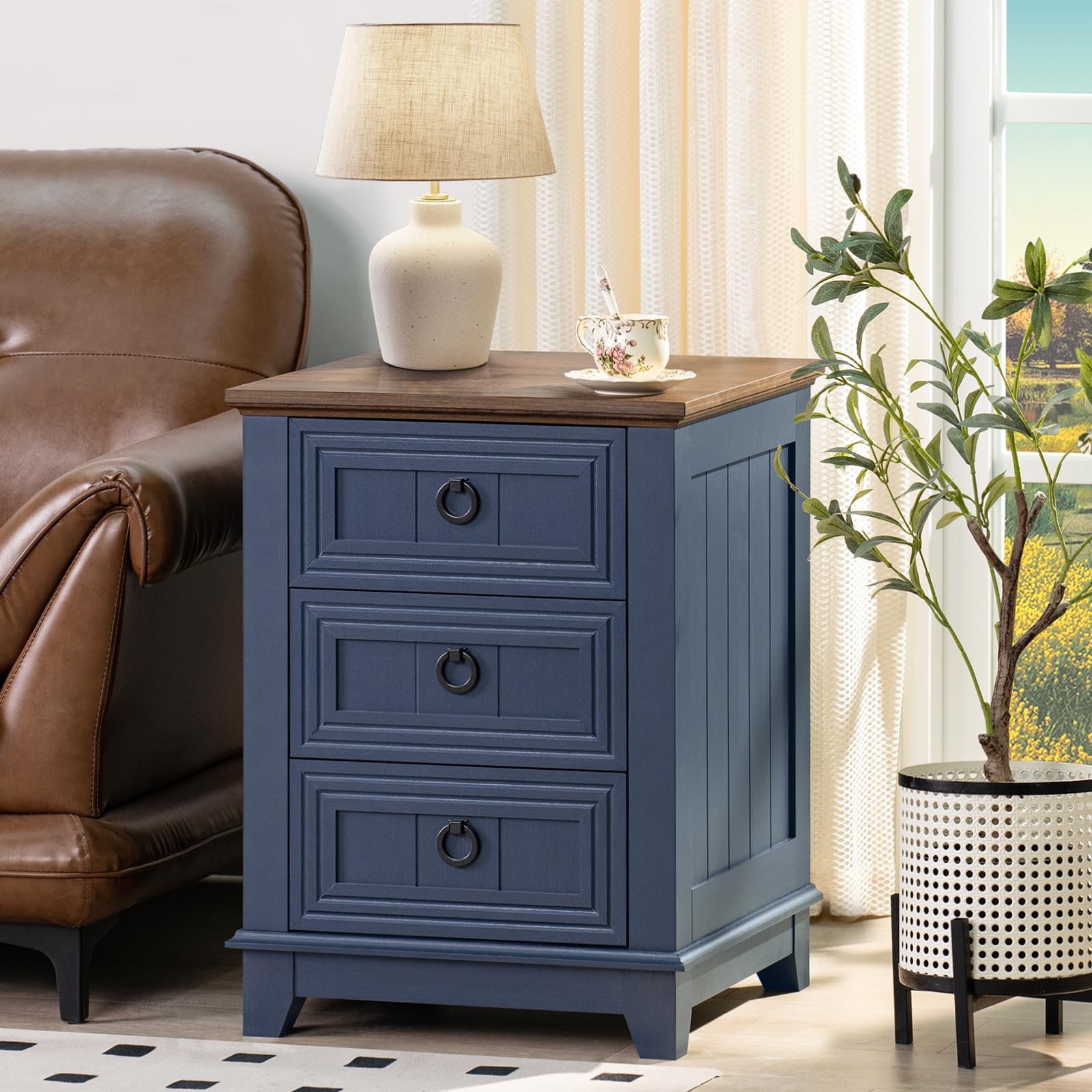 LELELINKY Country Style Wooden Bedside Table with 3 Drawers - Blue