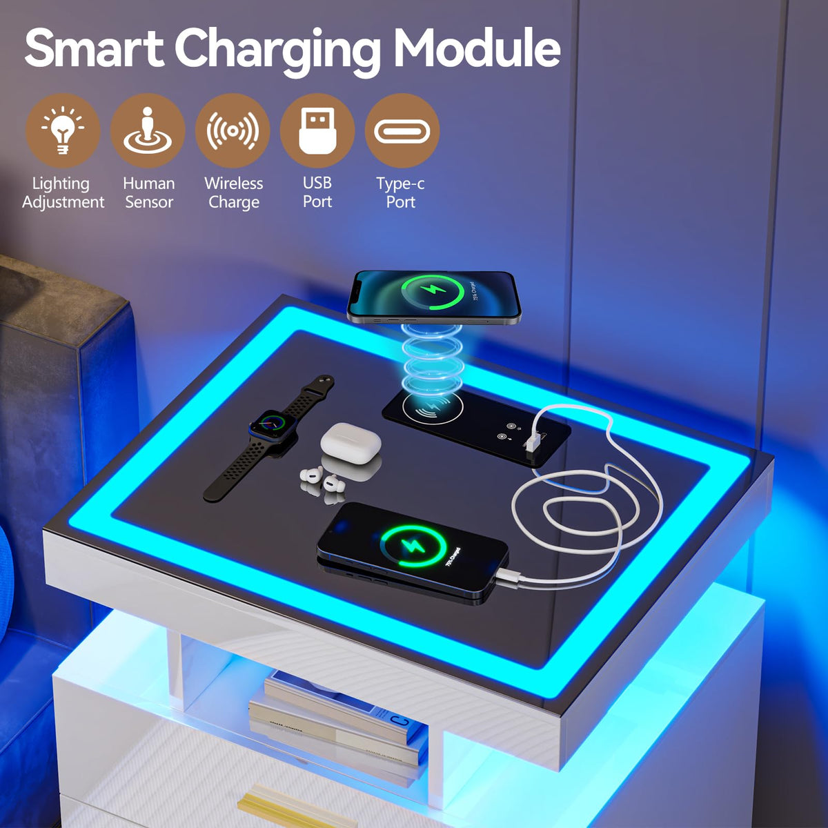 Gurexl LED Bedside Table with Glass Top and 3 IN 1 Charging Station,White - image 3