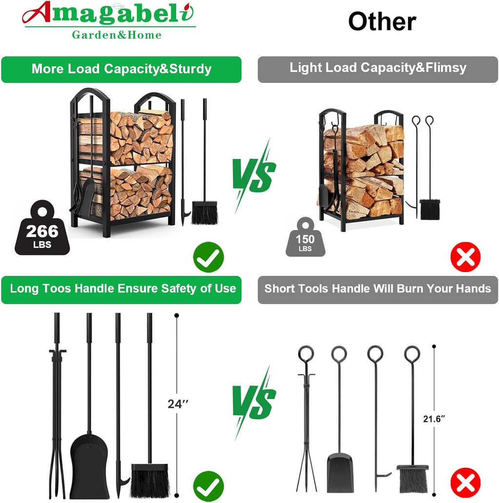 Amagabeli Wrought Iron Fireplace Log Rack with 4 Tools - Indoor Outdoor