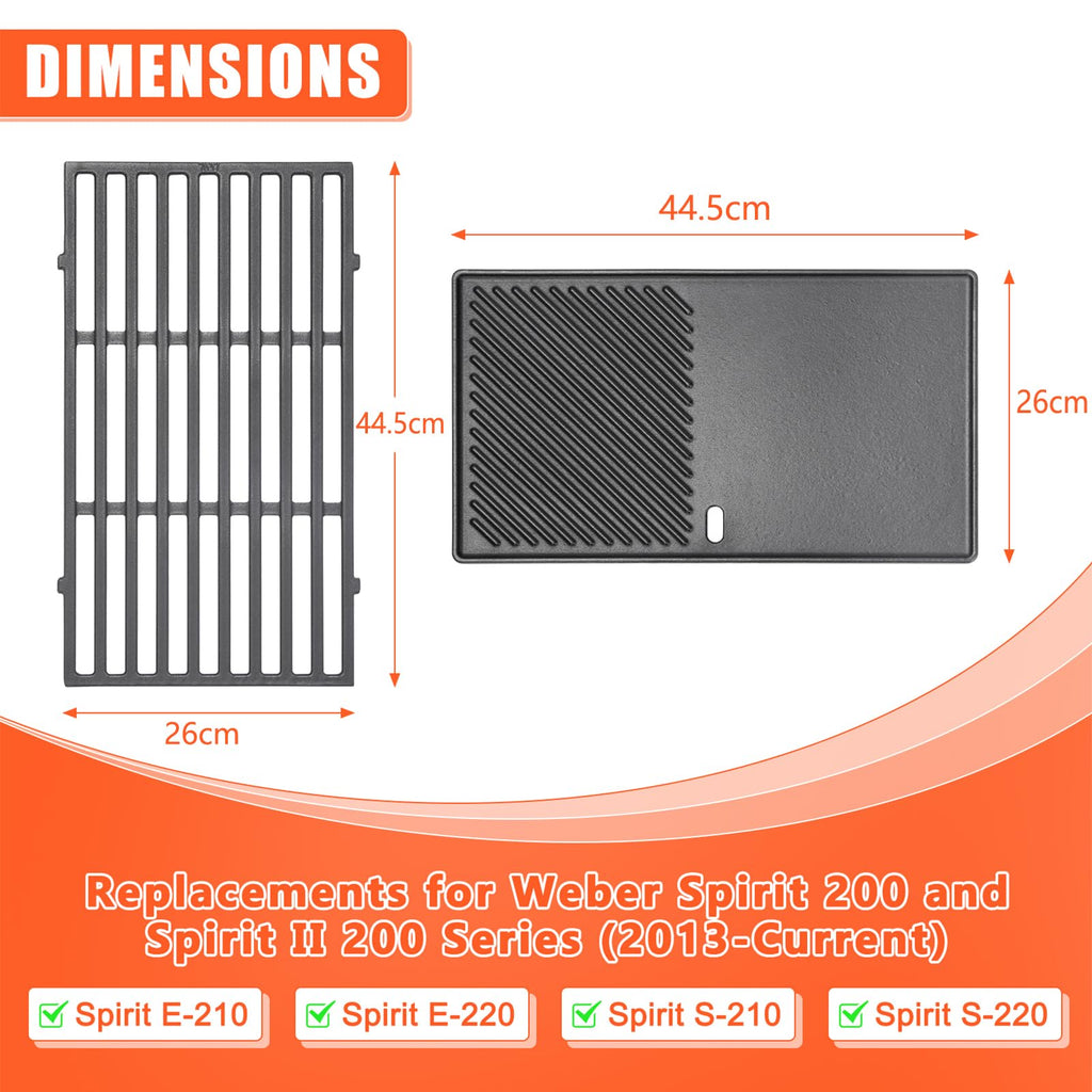 GFTIME Cast Iron Grill Grate & Griddle for Weber Spirit 200 Series