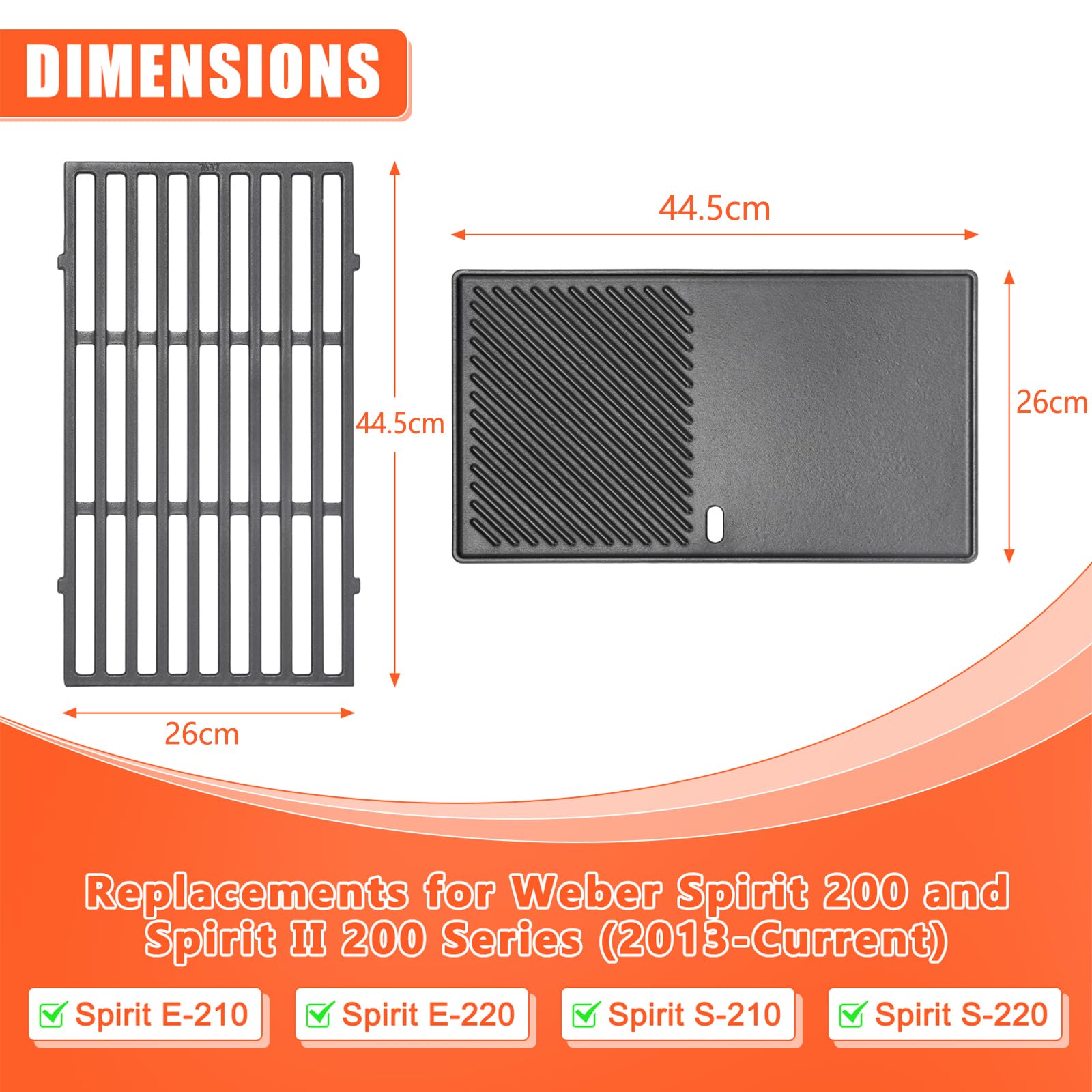 GFTIME Cast Iron Grill Grate & Griddle for Weber Spirit 200 Series
