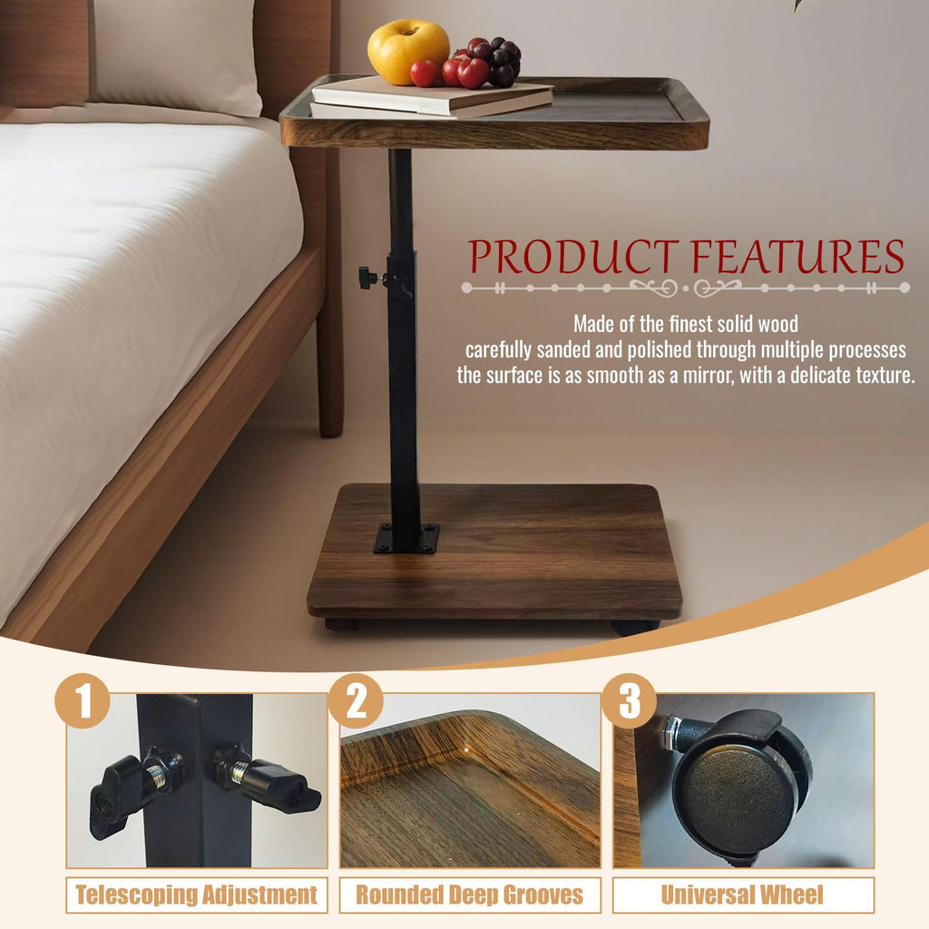 Aegistus C Table End Table Adjustable Height, 360°Swivel TV Tray Table for Small Spaces with 4 CastersWalnut Brown