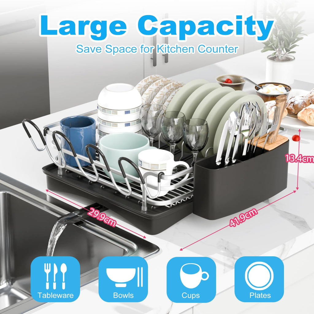 BRIAN & DANY Aluminum Dish Drying Rack with 360° Swivel Spout – Silver