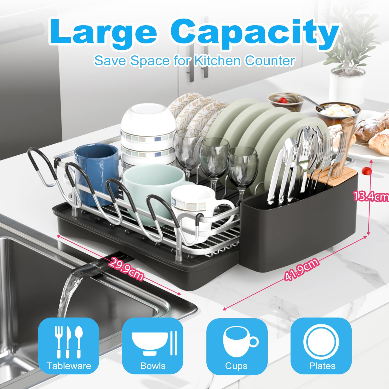 BRIAN & DANY Aluminum Dish Drying Rack with 360° Swivel Spout – Silver