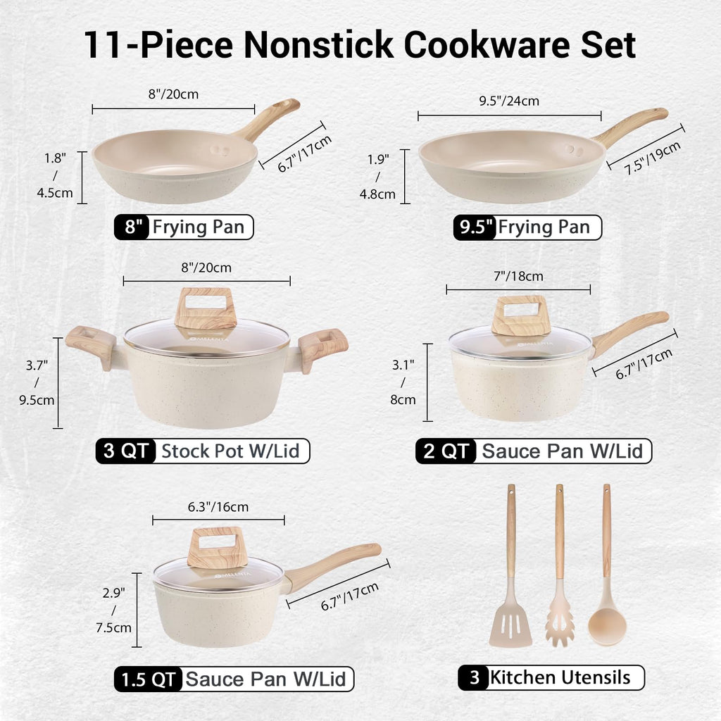 M MELENTA 11-Piece Ceramic Nonstick Cookware Set | Induction Pot & Pan