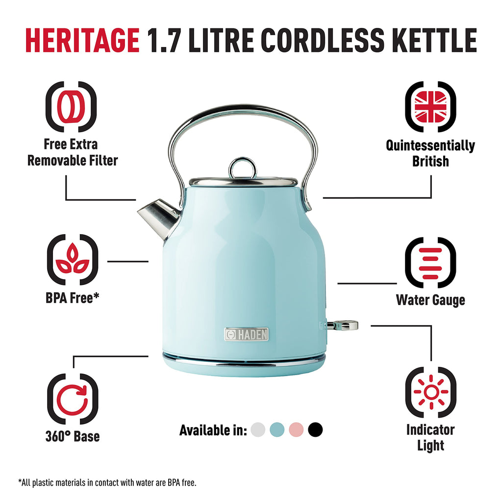 Haden Heritage Retro Electric Kettle – 1.7L Stainless Steel – Blue