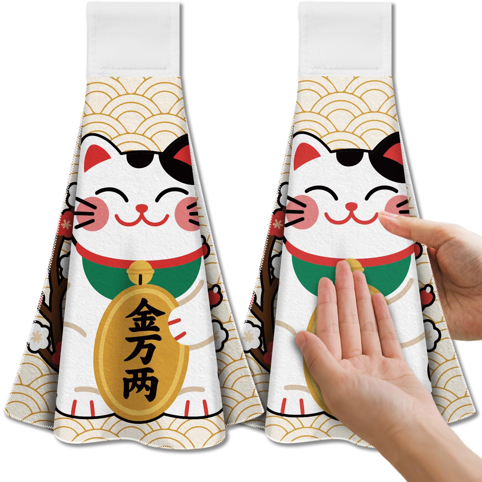 CUTHOLLOW Japanese Lucky Cat Tea Towels – 2Pcs Absorbent Microfiber Dish Towels