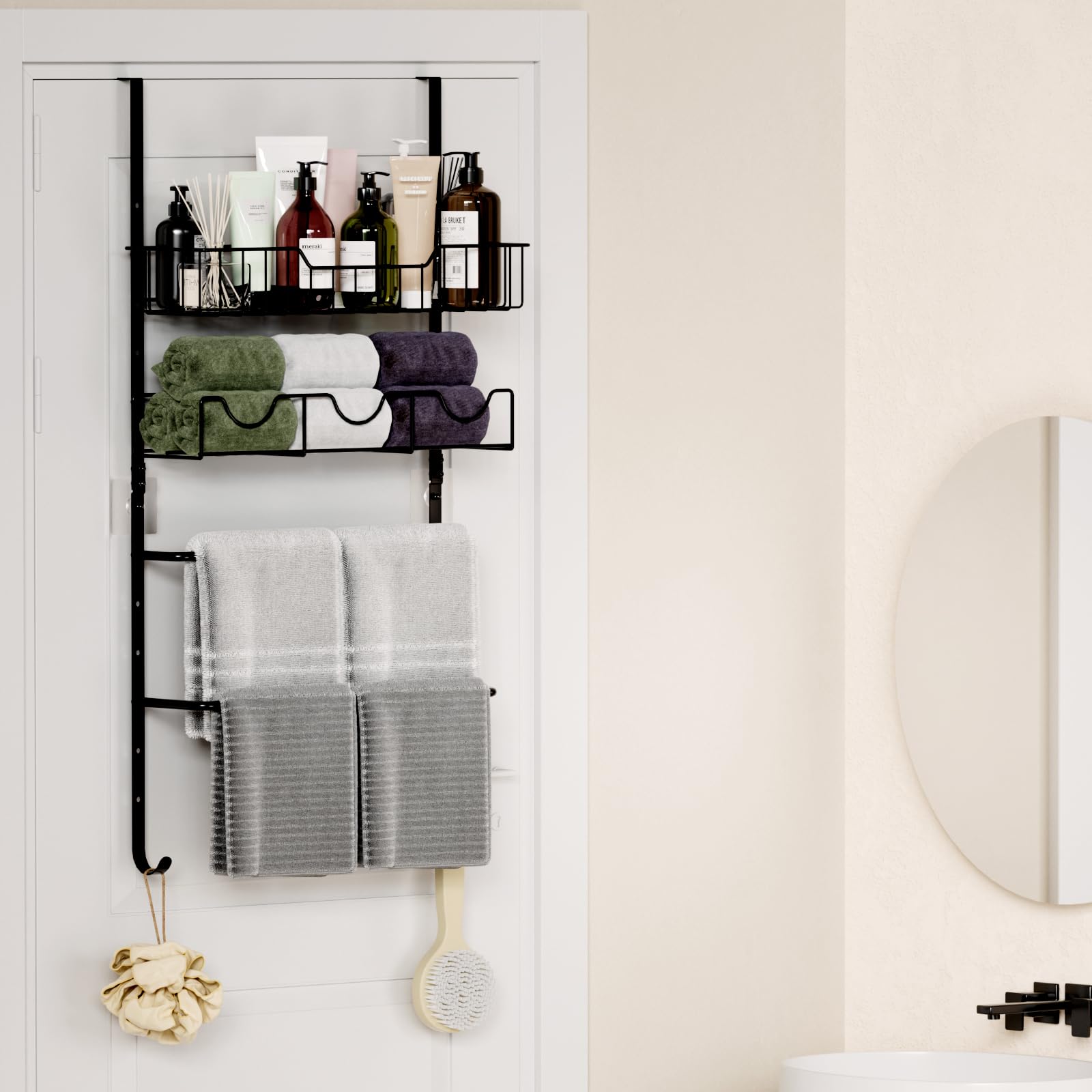 THYGIFTREE 4-Tier Over the Door Towel Rack with Storage Basket | Black Metal