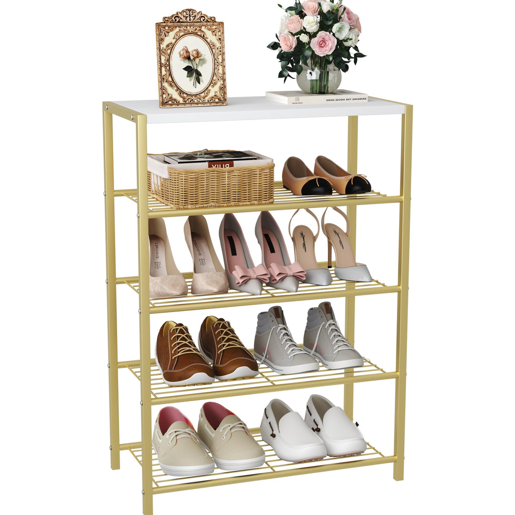 HOME BI 5-Tier Metal Shoe Rack | Industrial Storage Organizer with MDF Top