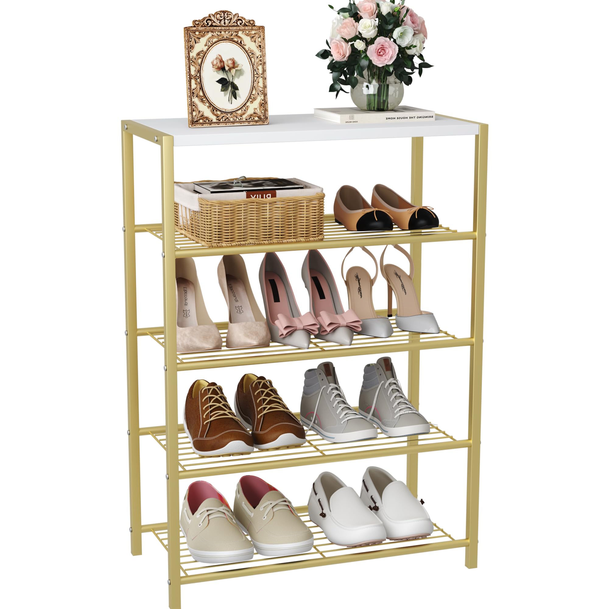 HOME BI 5-Tier Metal Shoe Rack | Industrial Storage Organizer with MDF Top