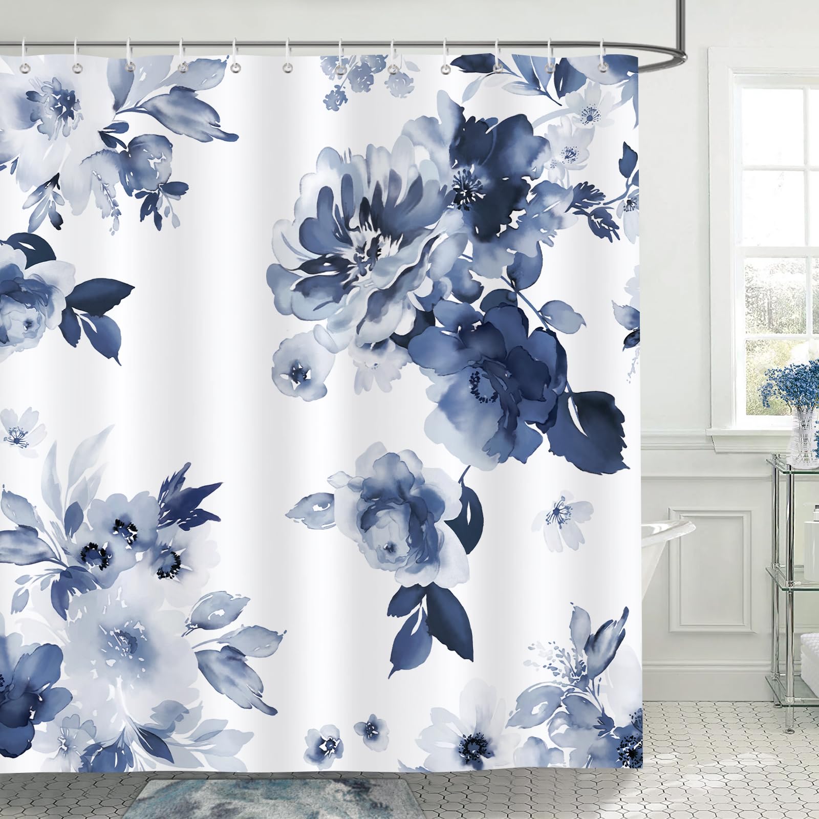Bonhause Navy Blue Floral Shower Curtain | Waterproof Polyester, 180x180cm