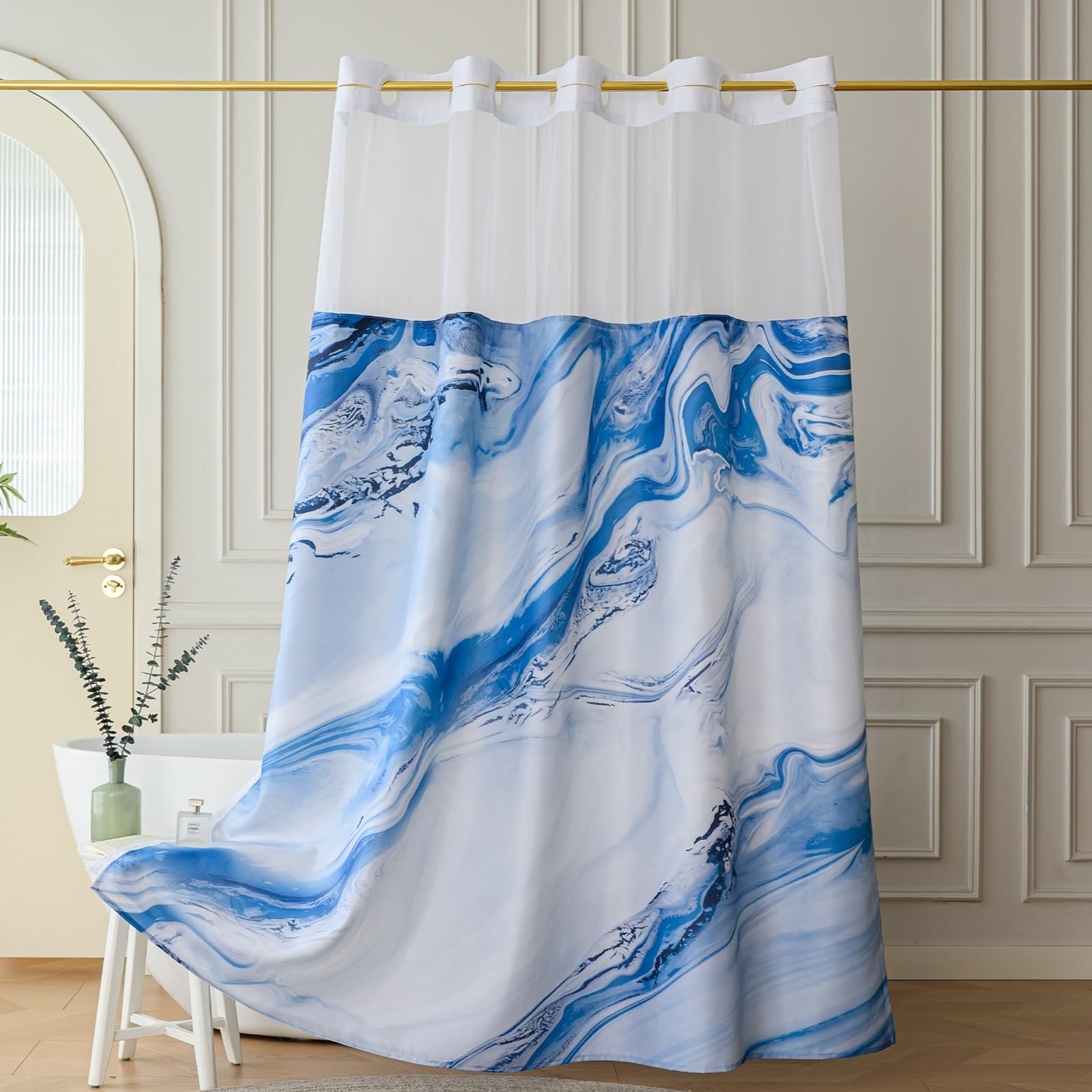 Yofori Hookless Shower Curtain | Blue Marble with Snap-in Liner