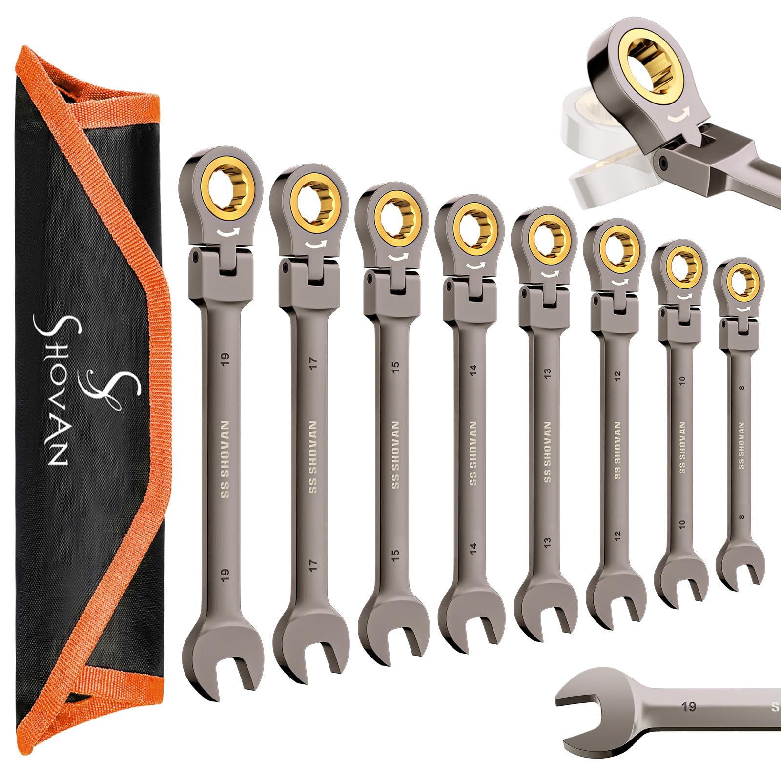 ss shovan 8-Piece Flexible Head Ratchet Spanner Set | 8-19mm Metric