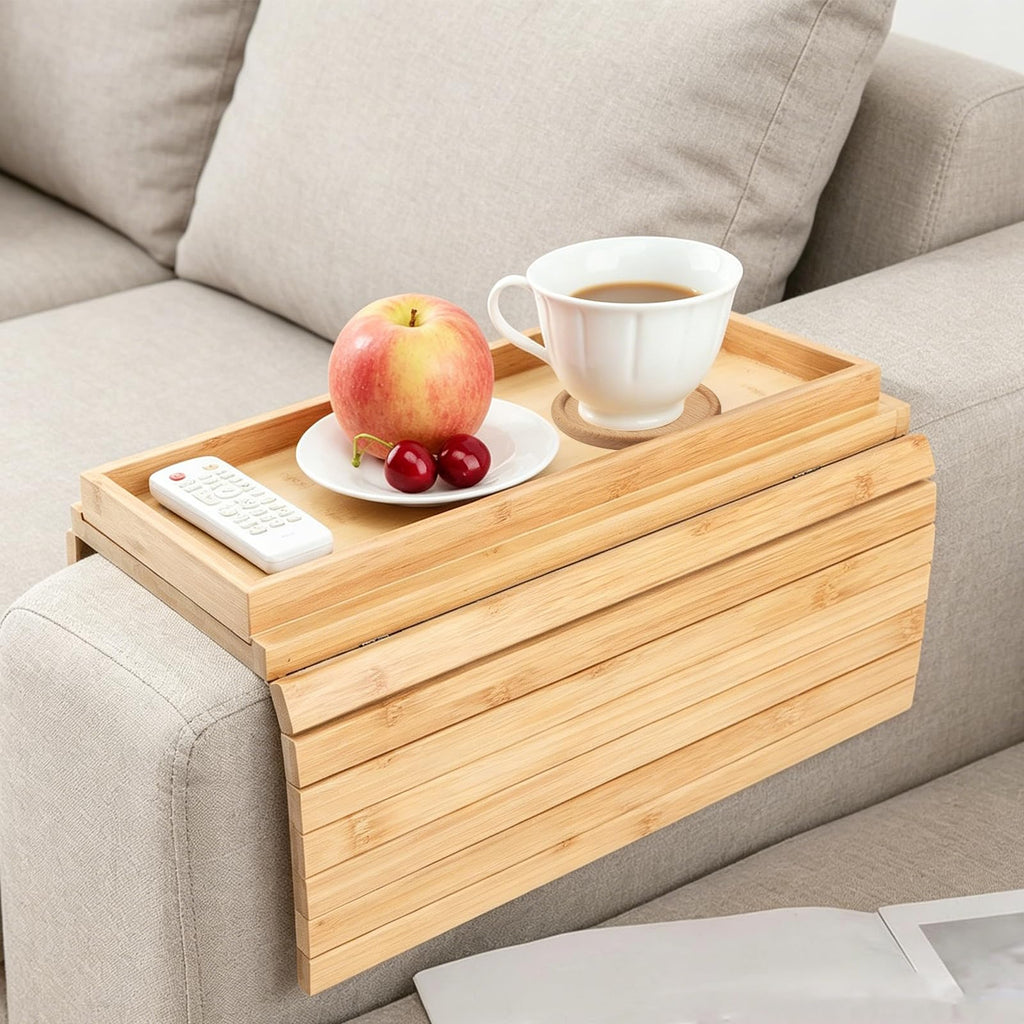 Solid Wood Armrest Tray, Space-Saving Table for Snacks & Drinks, Non-Slip Grooves, Includes 1 Wooden Coaster, Sofa Armrest Organizer - image 1