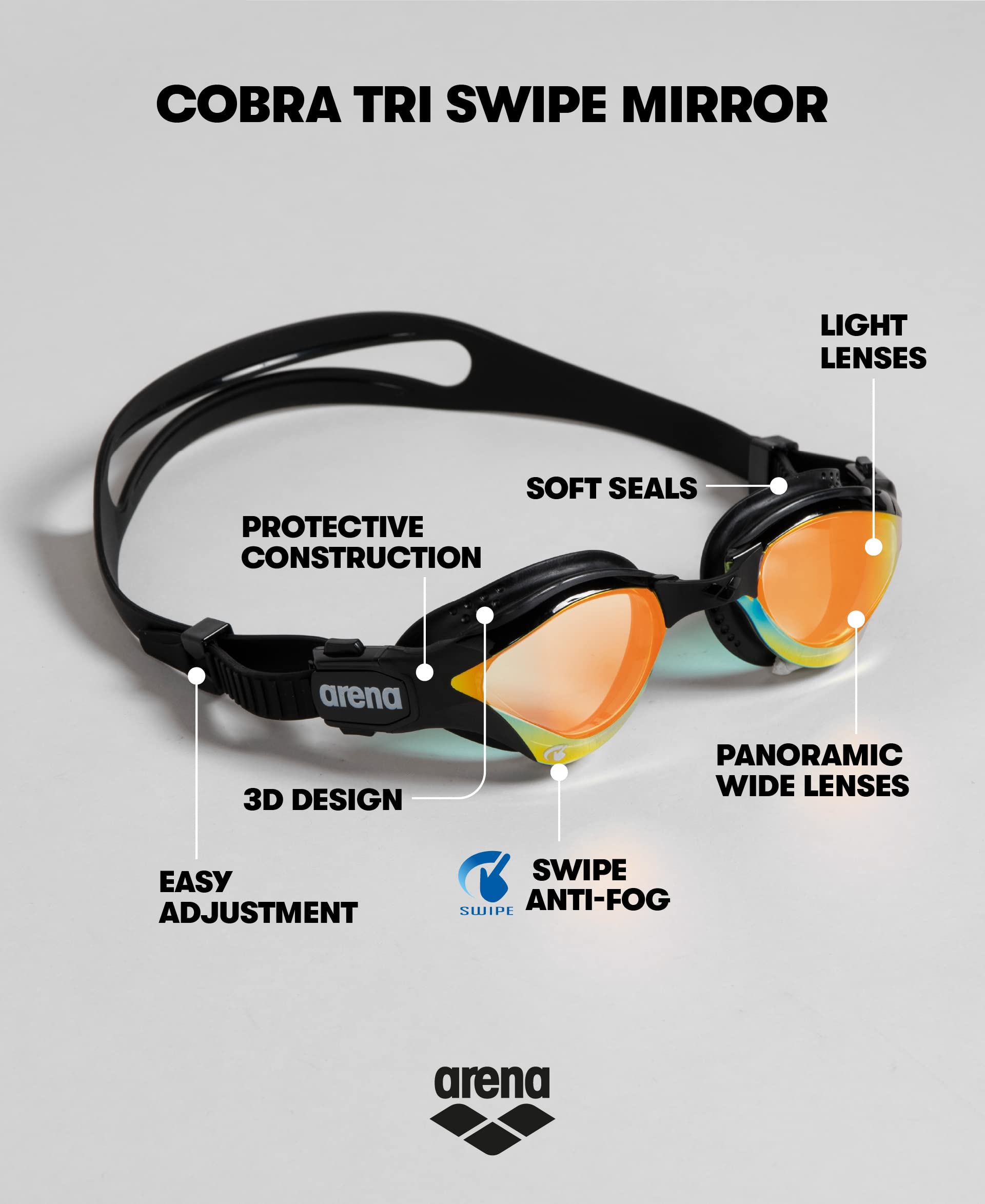 Arena Cobra Tri Swipe Mirror Triathlon Goggles – Anti-Fog Swim Eyewear