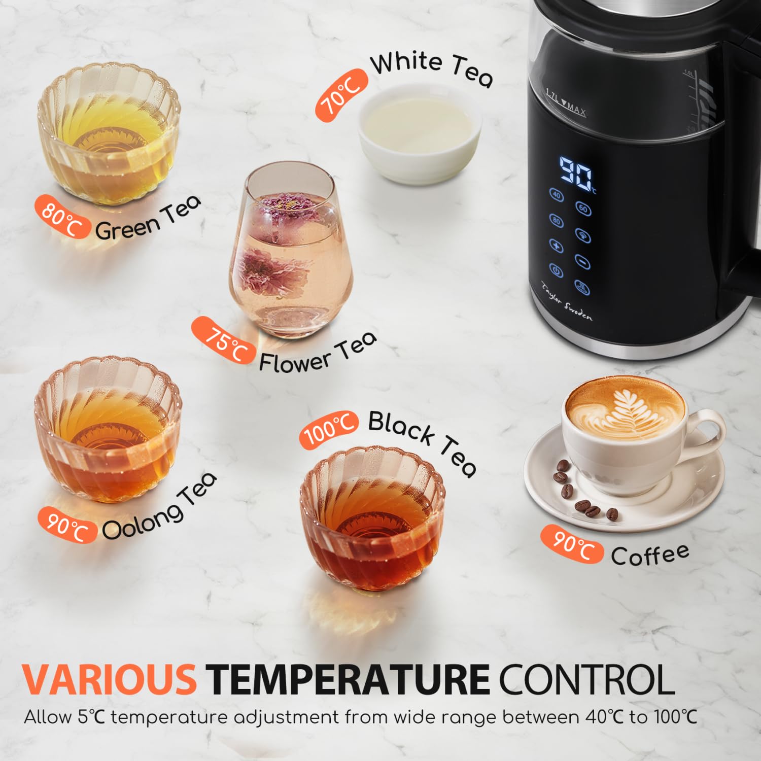 Taylor Swoden Electric Kettle - 1.7L Glass Kettle with Temperature Control