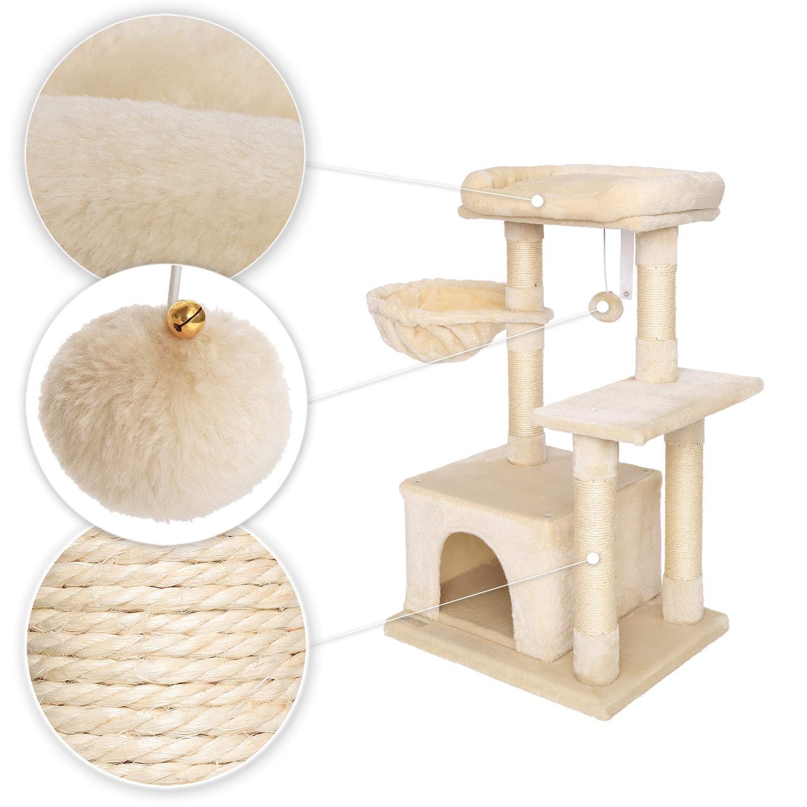 lionto Cat Scratching Post with Cave & Lounger - 85cm Sisal Cat Tree, Beige